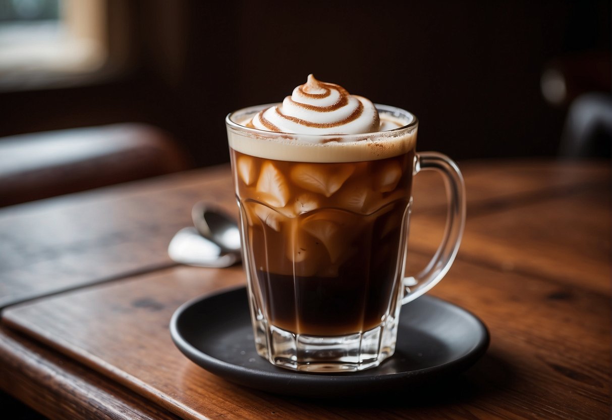 A glass of iced coffee sits next to a mug of Irish coffee on a wooden table, steam rising from the latter