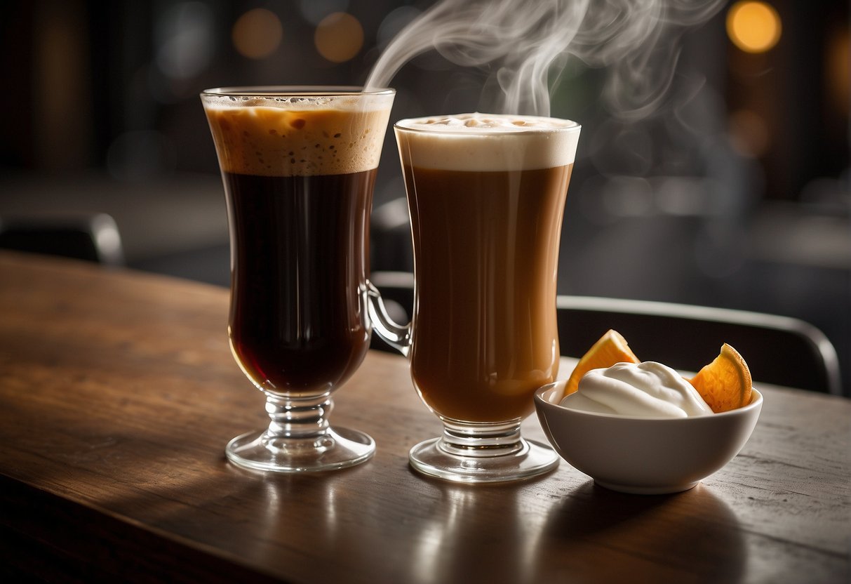 A steaming cup of Irish coffee sits next to a tall glass of iced coffee. The rich aroma of the Irish coffee contrasts with the refreshing chill of the iced coffee, creating a visual representation of the debate over which is stronger