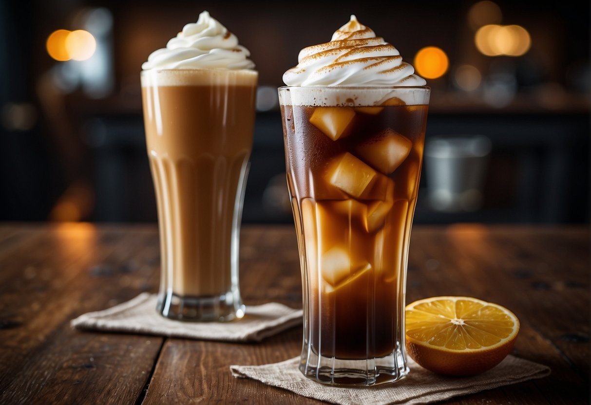 A glass of iced coffee and a glass of Irish coffee sit side by side on a rustic wooden table, with condensation forming on the outside of the glasses