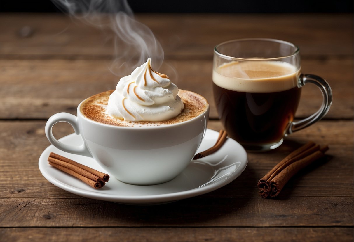 A steaming cup of Irish coffee sits on a rustic wooden table, adorned with a dollop of whipped cream and a sprinkle of cinnamon. A gentle wisp of steam rises from the dark, rich liquid, inviting the viewer to take a sip