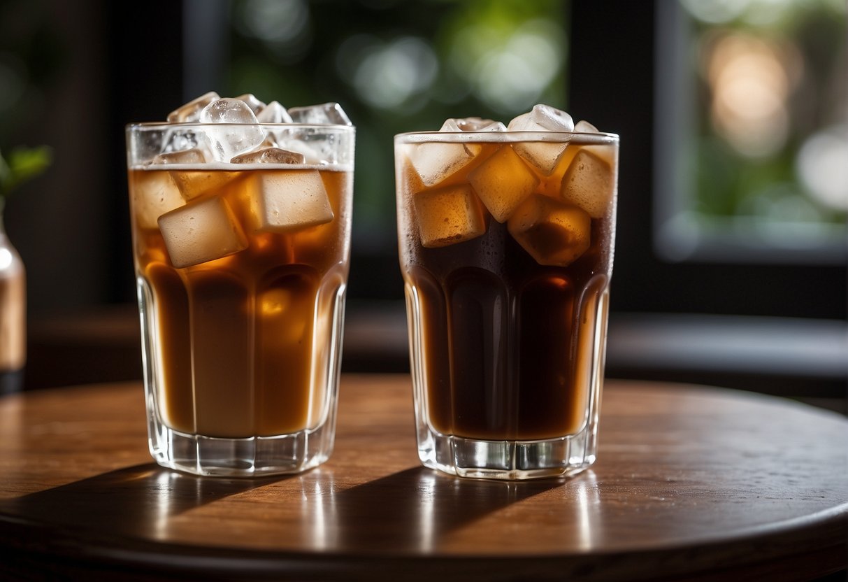 A glass of iced coffee and a glass of Irish coffee sit side by side on a wooden table, with steam rising from the Irish coffee and ice cubes clinking in the iced coffee