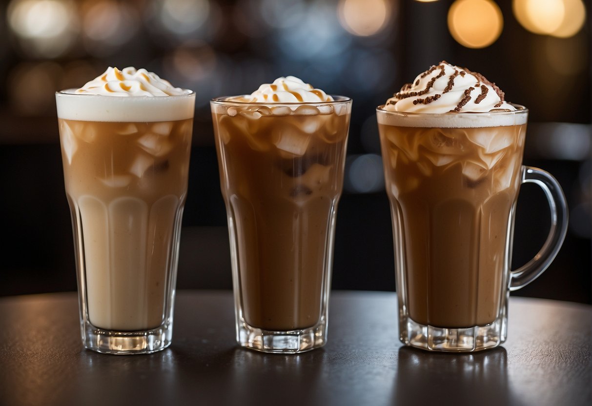 A glass of iced coffee sits next to a steaming latte, showcasing the contrast between the two beverages