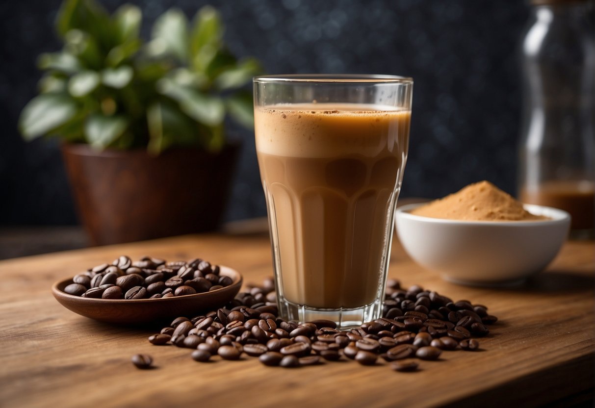 A glass of iced coffee and a latte sit side by side on a wooden table, surrounded by coffee beans and a measuring scale. The iced coffee is shown with ice cubes and a straw, while the latte is topped with frothy