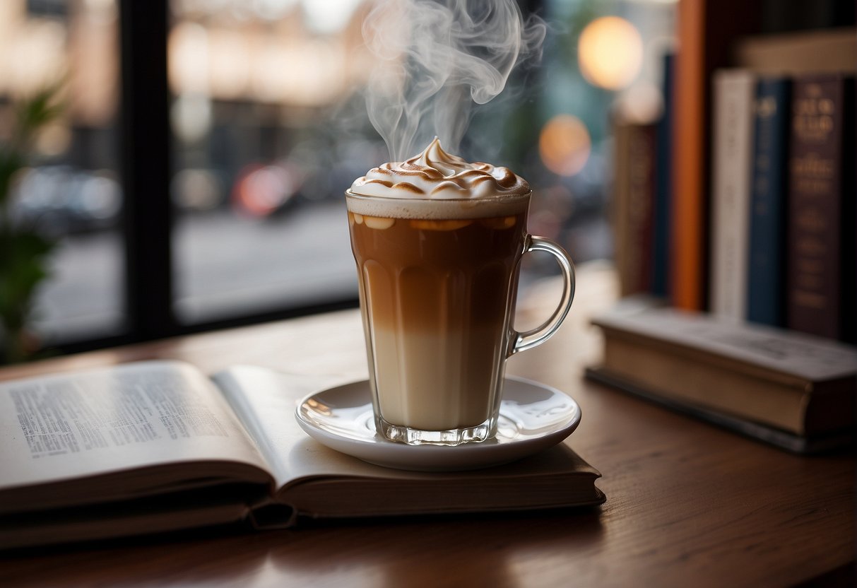 A steaming cup of macchiato sits beside a frosty glass of iced coffee, surrounded by books and art