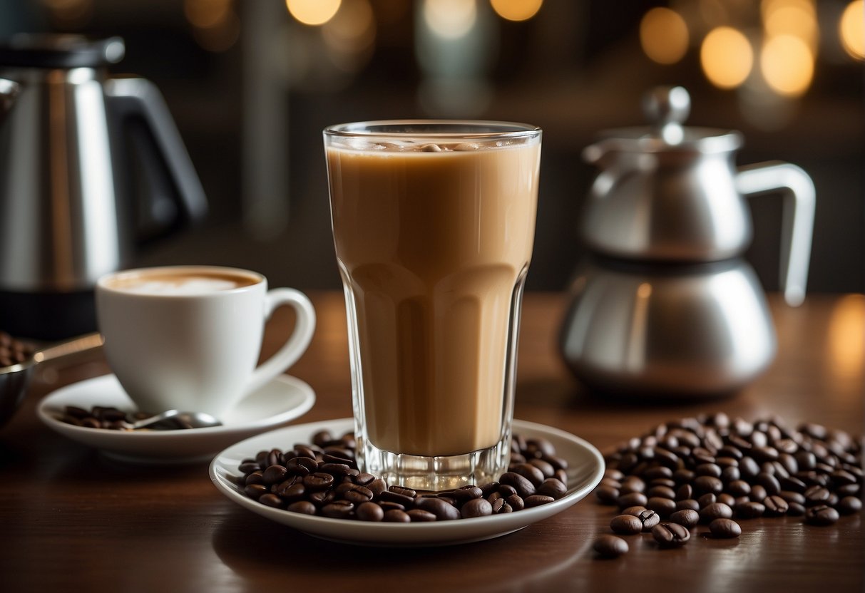 A glass of iced coffee sits next to a small cup of macchiato, surrounded by coffee beans, milk, and brewing equipment