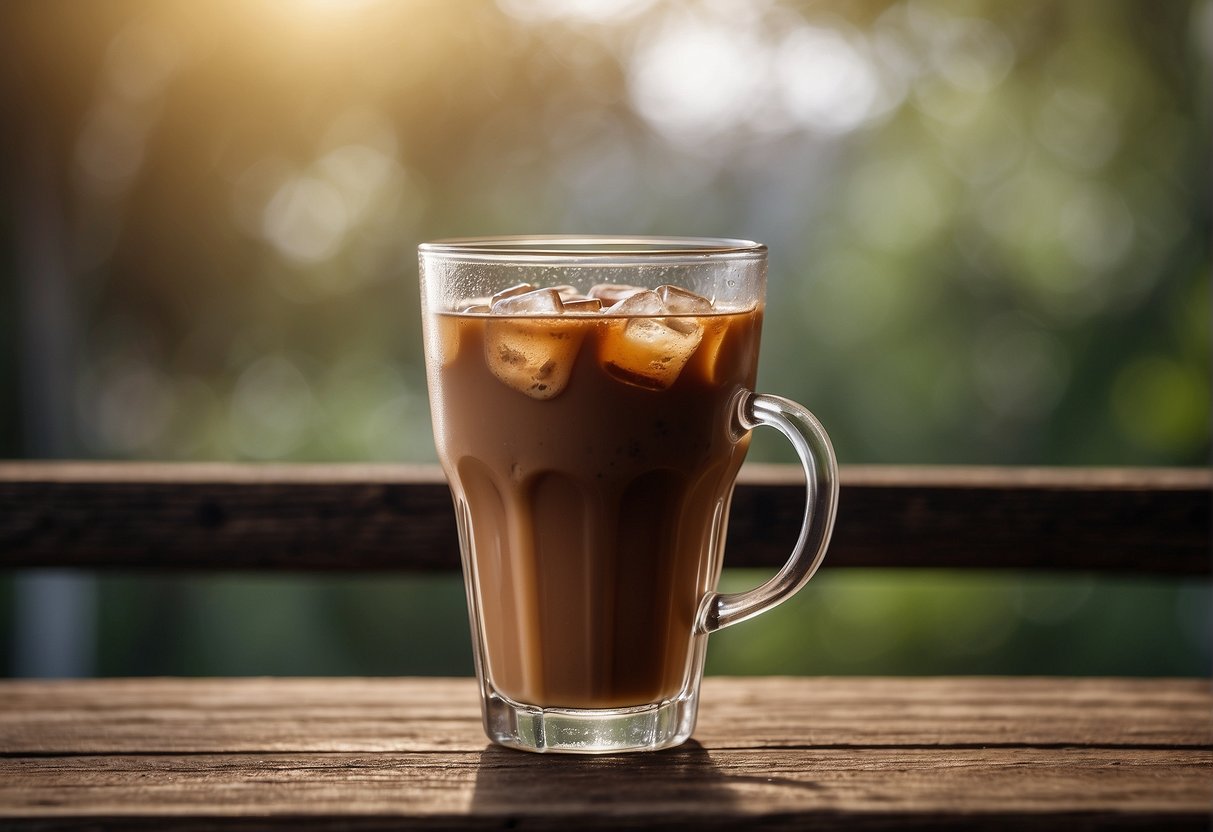 A glass of iced coffee and a mug of mocha sit side by side on a rustic wooden table, steam rising from the mocha while condensation forms on the outside of the iced coffee glass