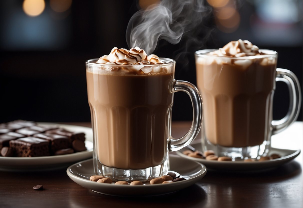 Two glasses of iced coffee and mocha sit side by side on a table, steam rising from the mocha while ice cubes clink in the iced coffee