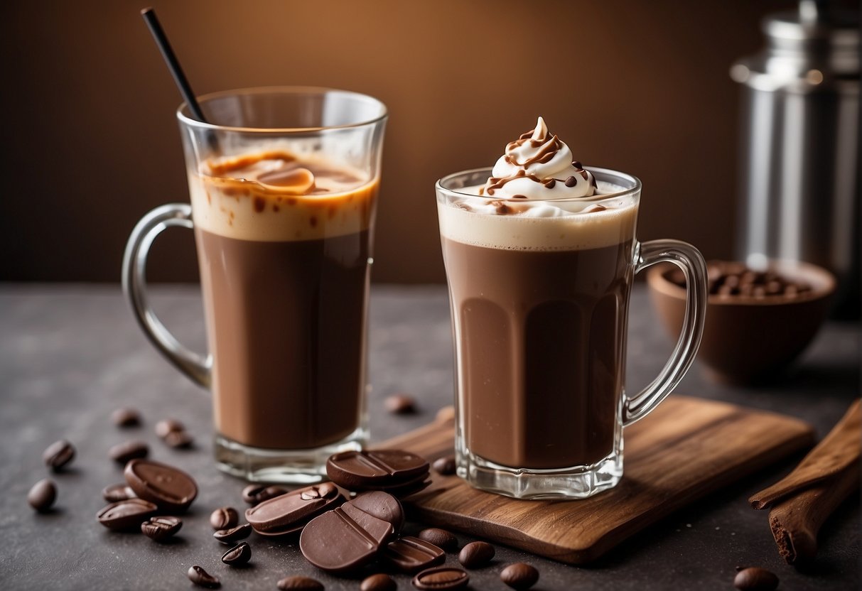 A table with a coffee maker, milk, chocolate syrup, and coffee beans. Ice cubes and a glass for iced coffee. Cocoa powder and a mug for mocha