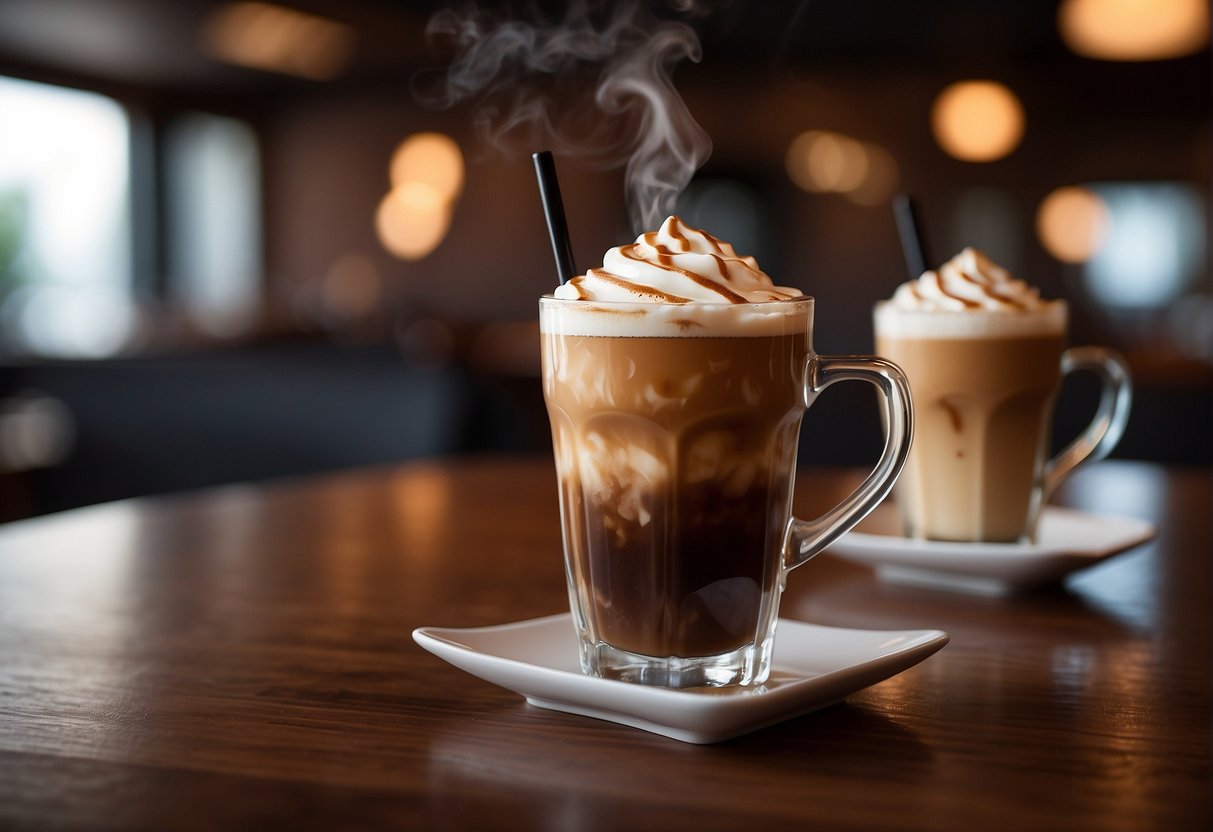 A glass of iced coffee and a mocha sit side by side on a wooden table, steam rising from the mocha. The aroma of rich coffee fills the air, while condensation drips down the sides of the iced coffee
