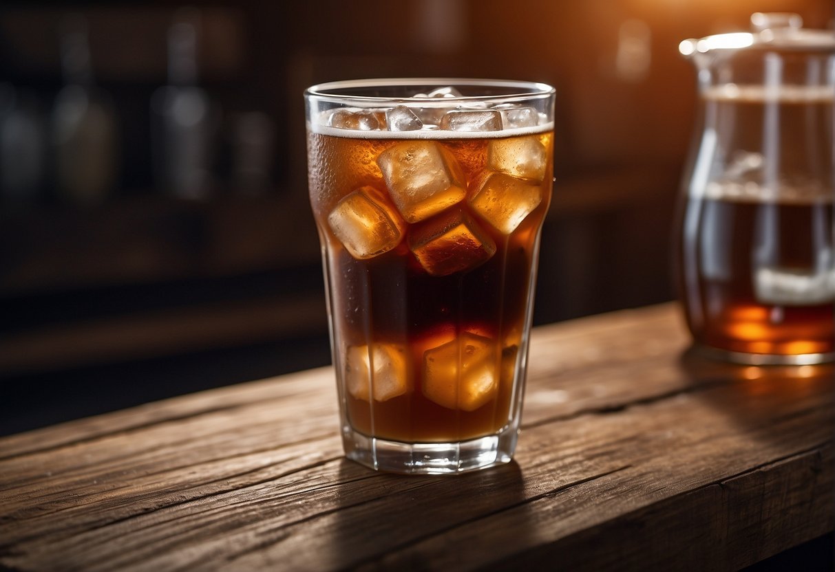 A glass of iced coffee and a glass of nitro cold brew sit side by side on a rustic wooden table, condensation forming on the outside of the glasses