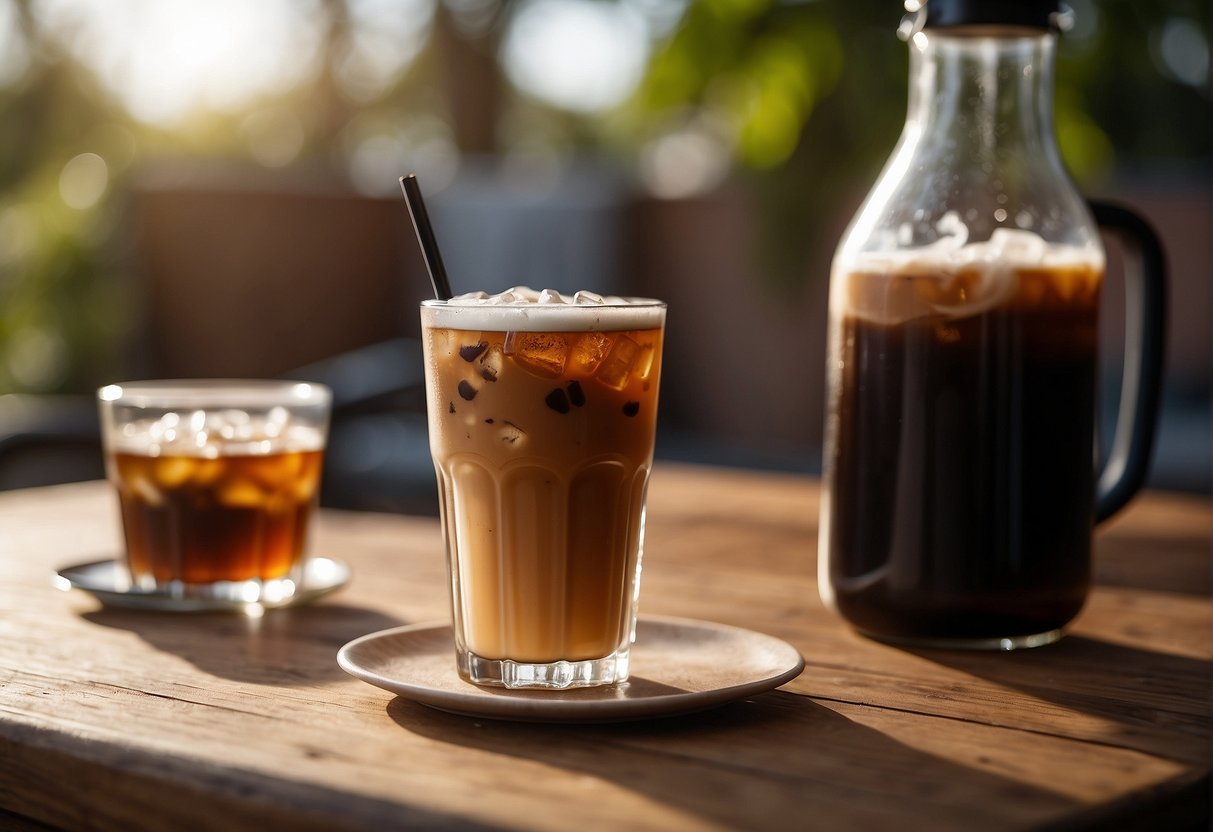 A glass of iced coffee sits next to a tall, frothy nitro cold brew. Both are on a wooden table, with condensation forming on the glasses