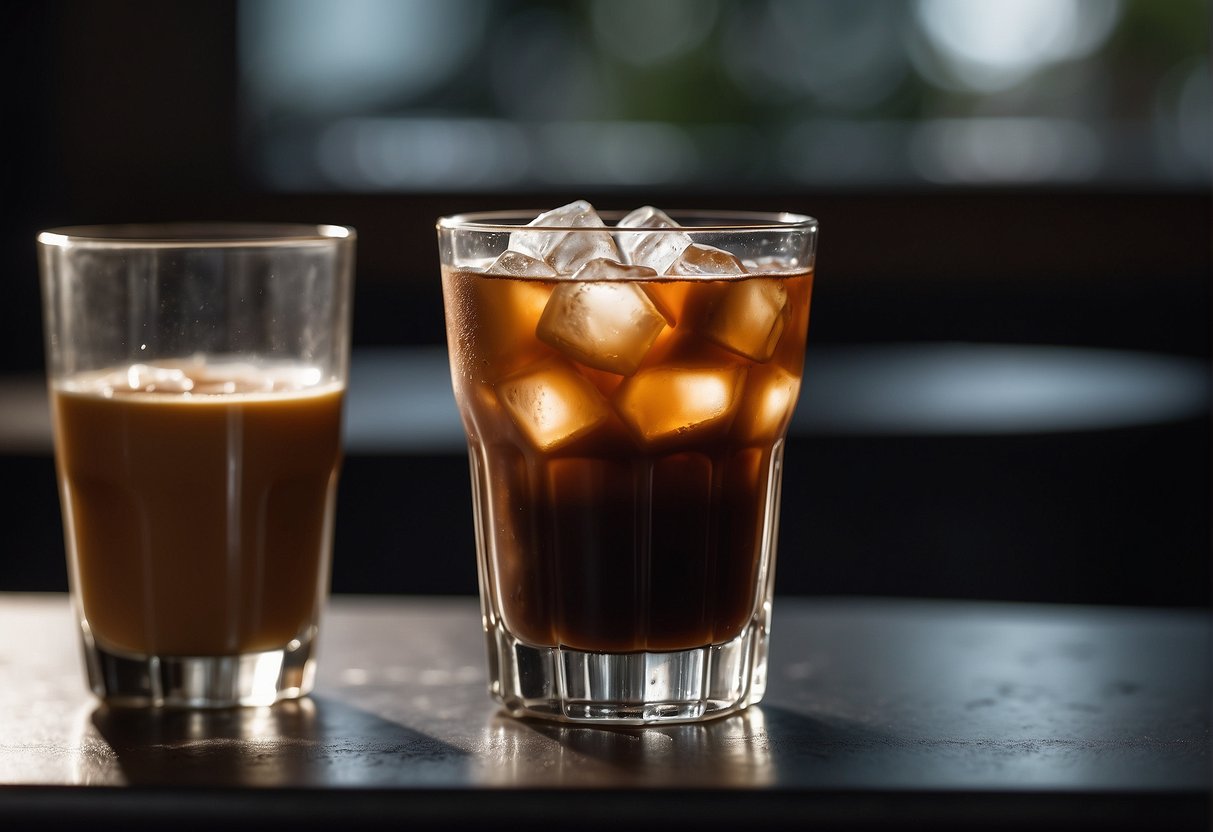 A tall glass of iced coffee sits next to a small cup of ristretto. Condensation drips down the side of the glass, while the rich, dark liquid of the ristretto contrasts against the light color of the coffee