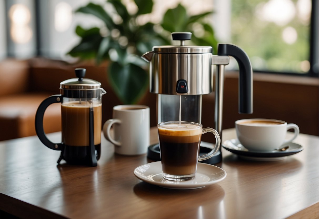 A table with a variety of brewing equipment, including a French press, pour-over cone, and espresso machine. A pitcher of iced coffee sits next to a small cup of ristretto