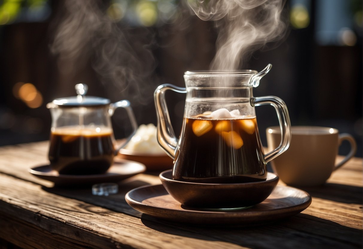 A glass of iced coffee sits next to a traditional Turkish coffee pot on a rustic wooden table, steam rising from the freshly brewed Turkish coffee