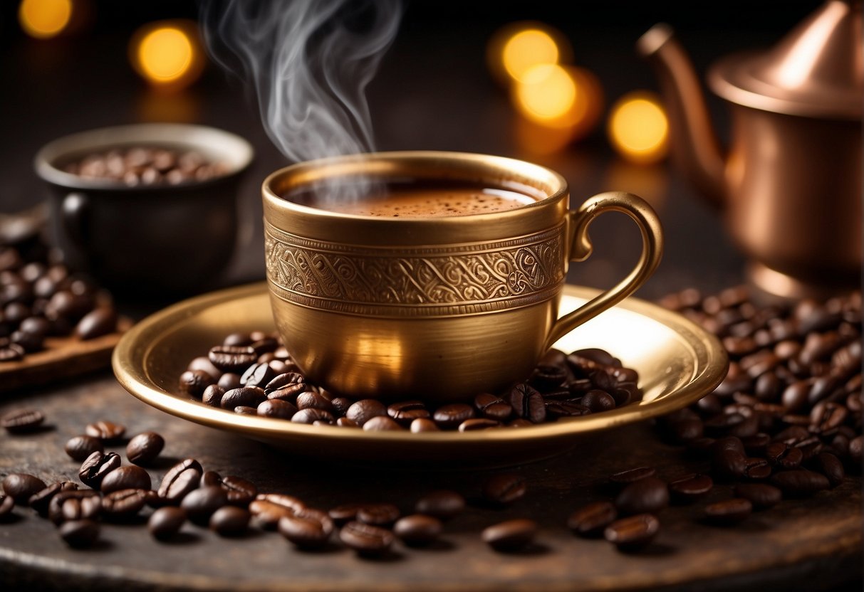 A steaming cup of Turkish coffee sits on a decorative saucer, surrounded by rich, aromatic coffee beans and a traditional copper cezve