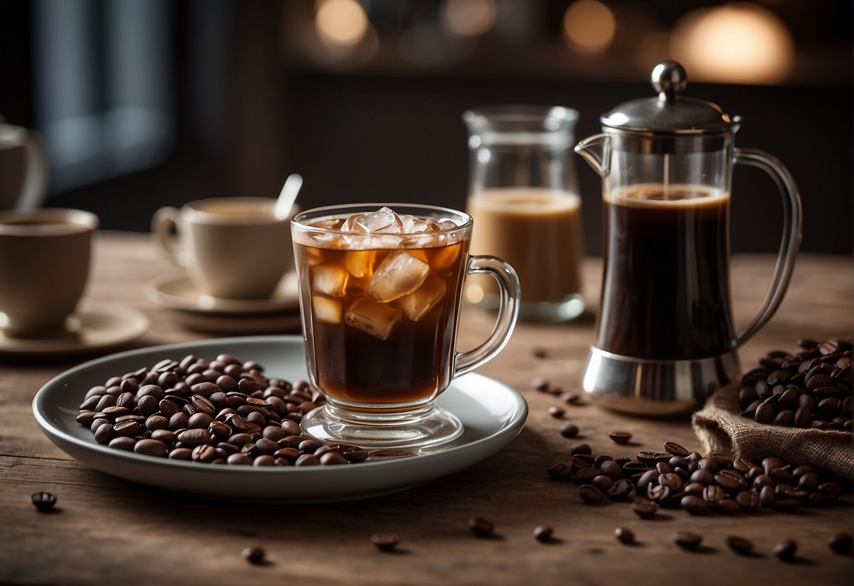 A glass of iced coffee sits next to a traditional Turkish coffee pot, surrounded by coffee beans and ice cubes