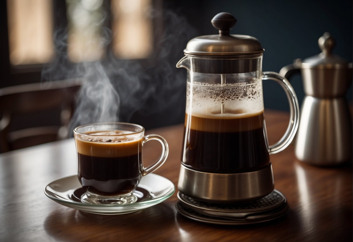 A glass of iced coffee and a traditional Turkish coffee pot on a table, with steam rising from the Turkish coffee