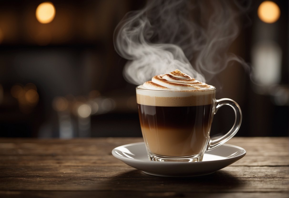 A steaming Irish coffee and latte face off on a rustic wooden table. Wisps of steam rise from the mugs, as the rich aroma of coffee fills the air