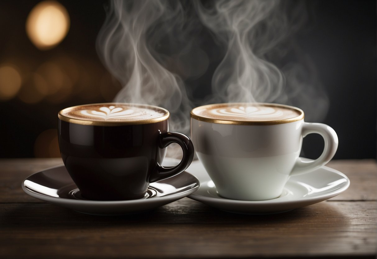 Two steaming cups sit side by side, one filled with rich, dark coffee and the other with creamy, frothy milk. A question mark hovers above them, as if waiting for the answer to which is stronger