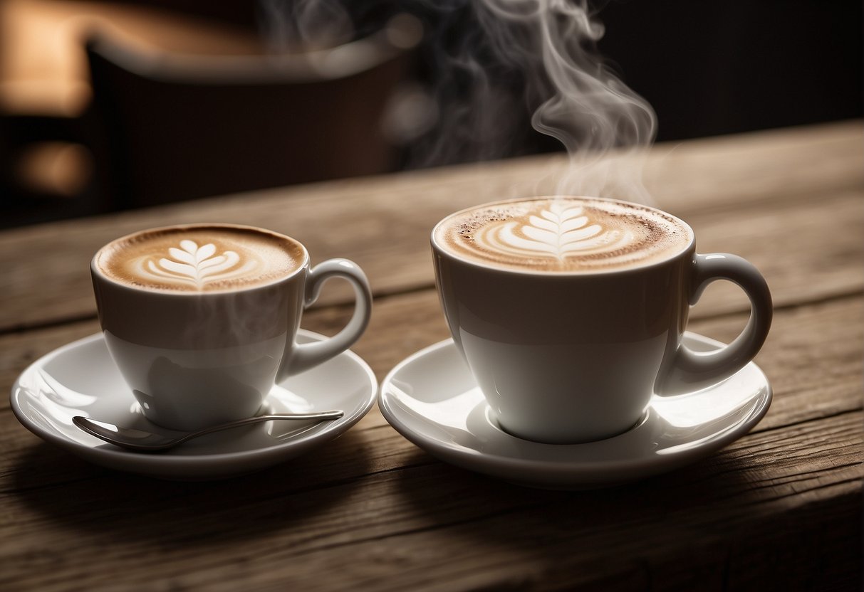 A steaming cup of Irish coffee sits next to a frothy latte. Both are on a rustic wooden table with a white saucer and spoon