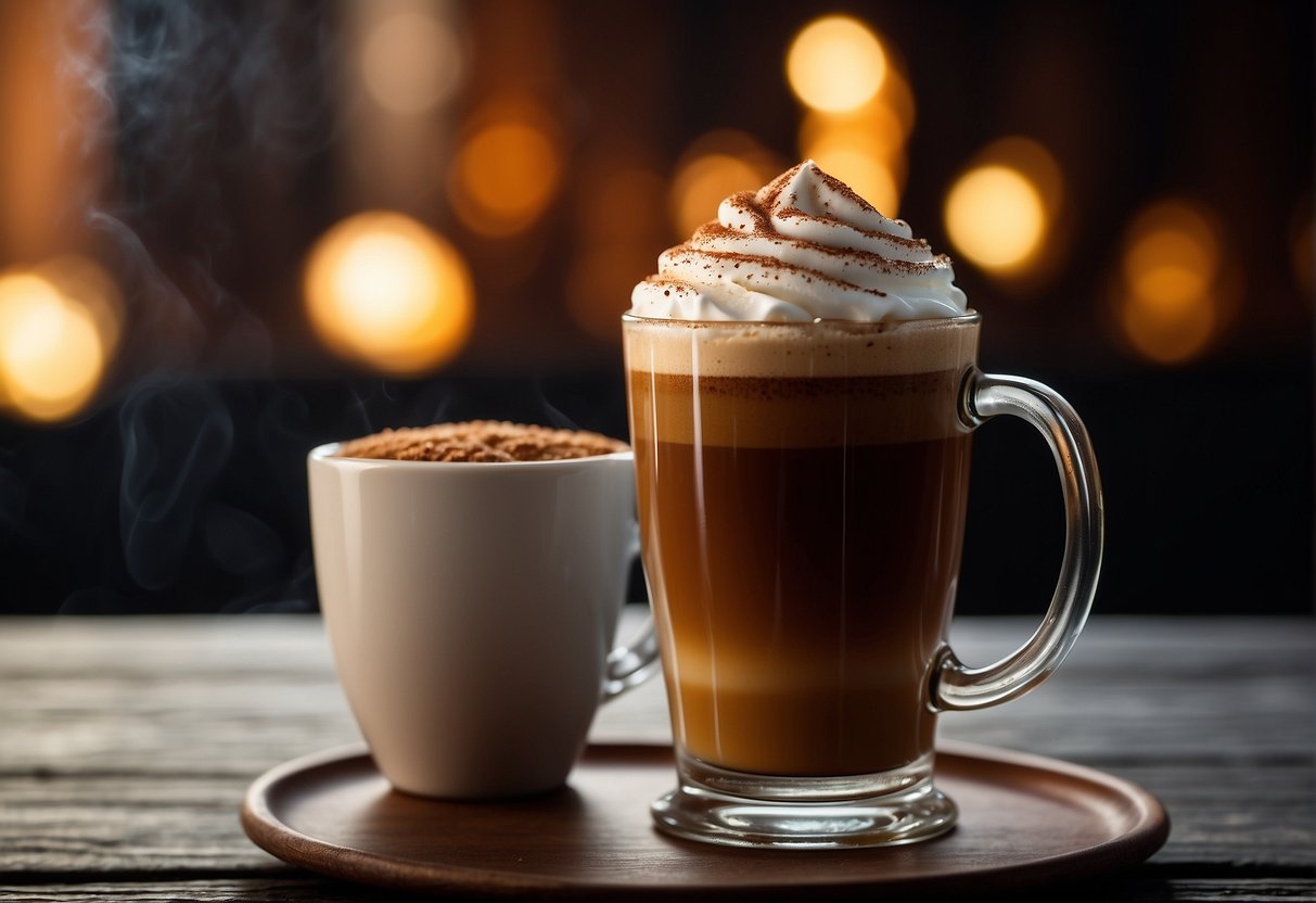 A steaming cup of Irish coffee sits next to a frothy latte, both adorned with a sprinkle of cinnamon. The rich aroma of coffee and whiskey fills the air, while the contrast in color and texture between the two drinks is evident