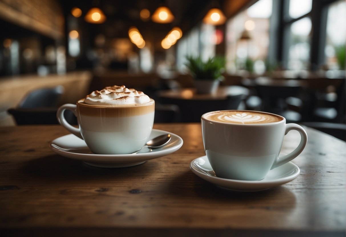 A cozy cafe with a rustic Irish coffee mug next to a modern latte cup, surrounded by traditional Irish decor and contemporary social media references