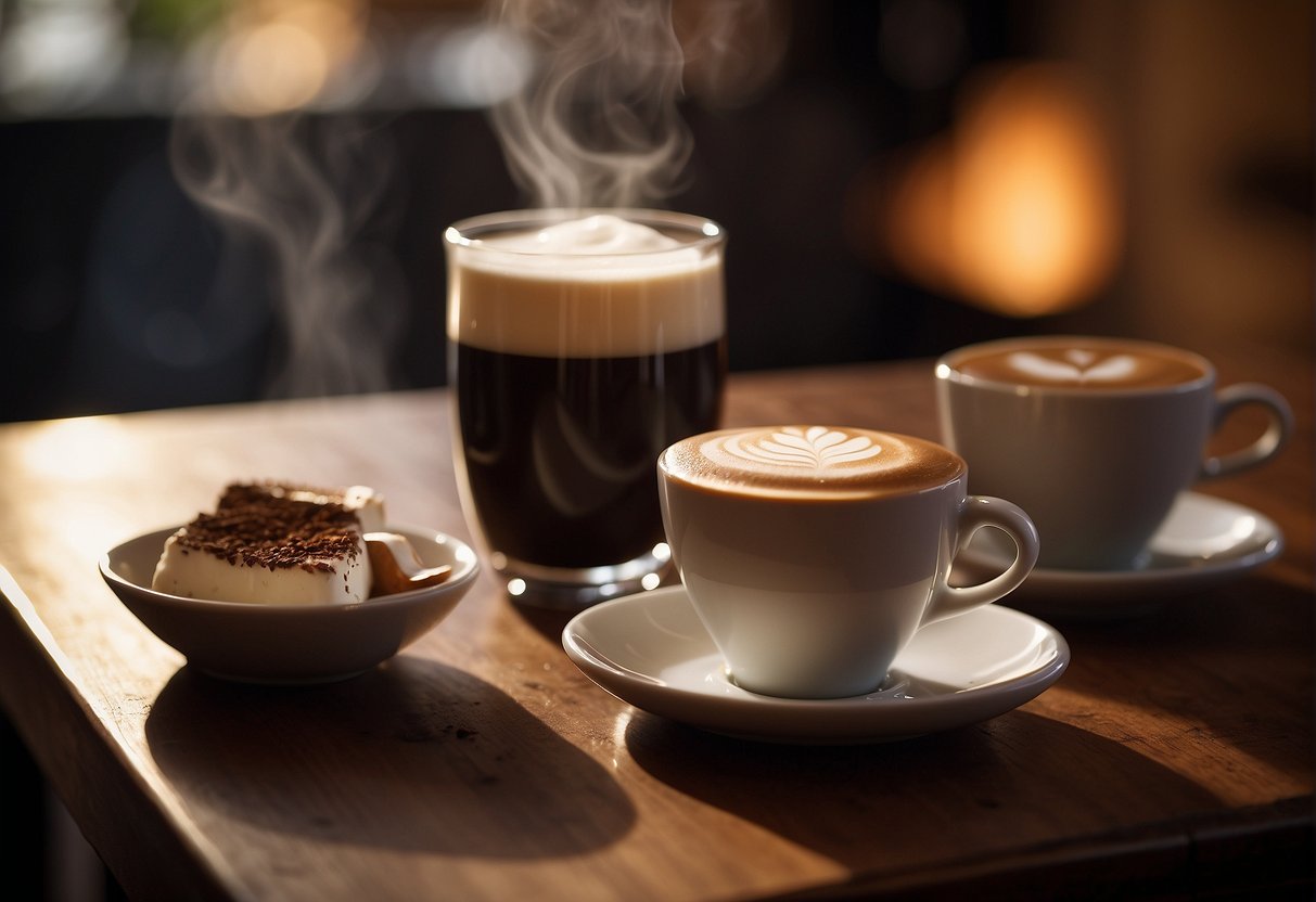 A steaming cup of Irish coffee sits next to a small macchiato, both on a wooden table. The rich aroma of coffee fills the air, creating an inviting scene for any coffee lover