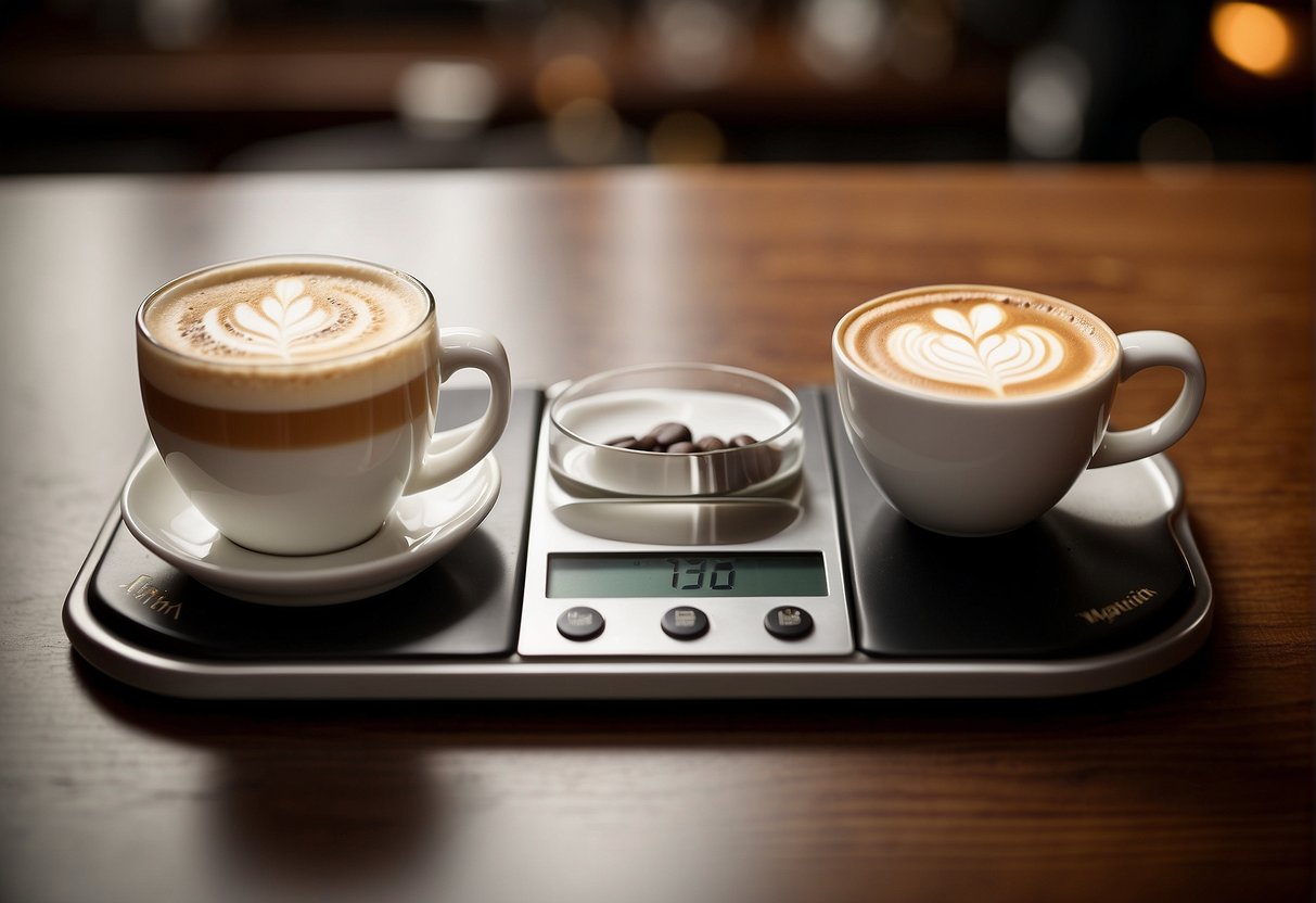 A scale with two coffee cups, one labeled "Irish Coffee" and the other "Macchiato," with a chart showing varying strength and flavor profiles