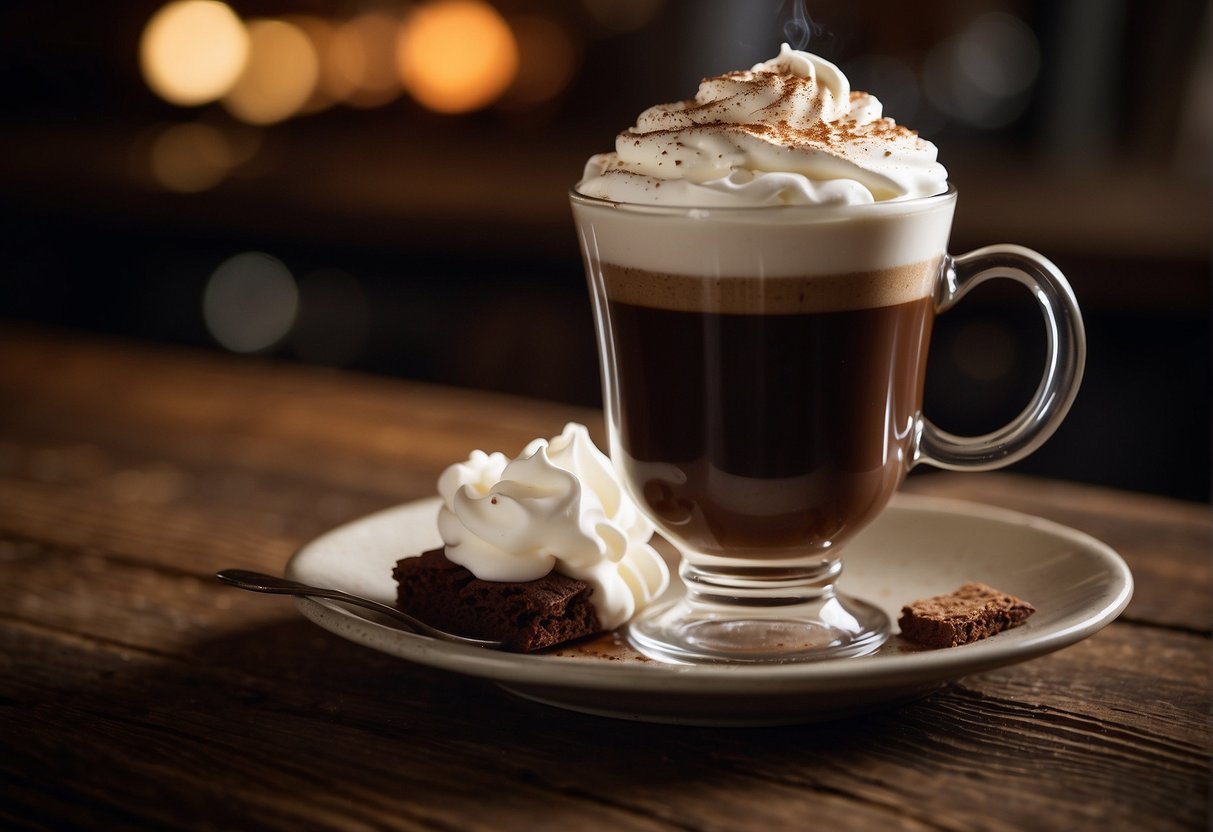 A steaming cup of Irish coffee sits on a rustic wooden table, with a dollop of whipped cream slowly melting into the rich, dark liquid. A sprinkle of coffee grounds adorns the creamy top, adding a touch of elegance to the scene