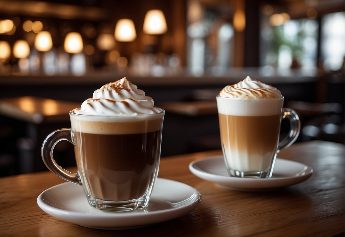 A steaming cup of Irish coffee and a frothy macchiato sit side by side on a rustic wooden table, surrounded by cozy cafe ambiance