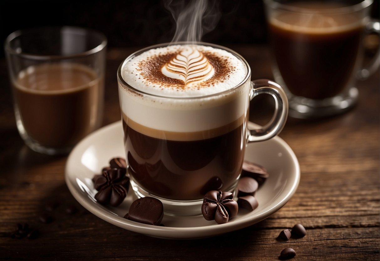 A steaming mug of Irish coffee and mocha sit side by side on a rustic wooden table, surrounded by swirling aromas of whiskey and chocolate
