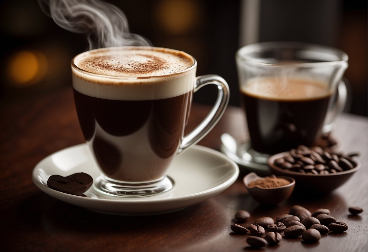 Steam rises from a mug of Irish coffee next to a rich, chocolatey mocha. A coffee bean and cocoa powder sit nearby, highlighting the key ingredients for each recipe