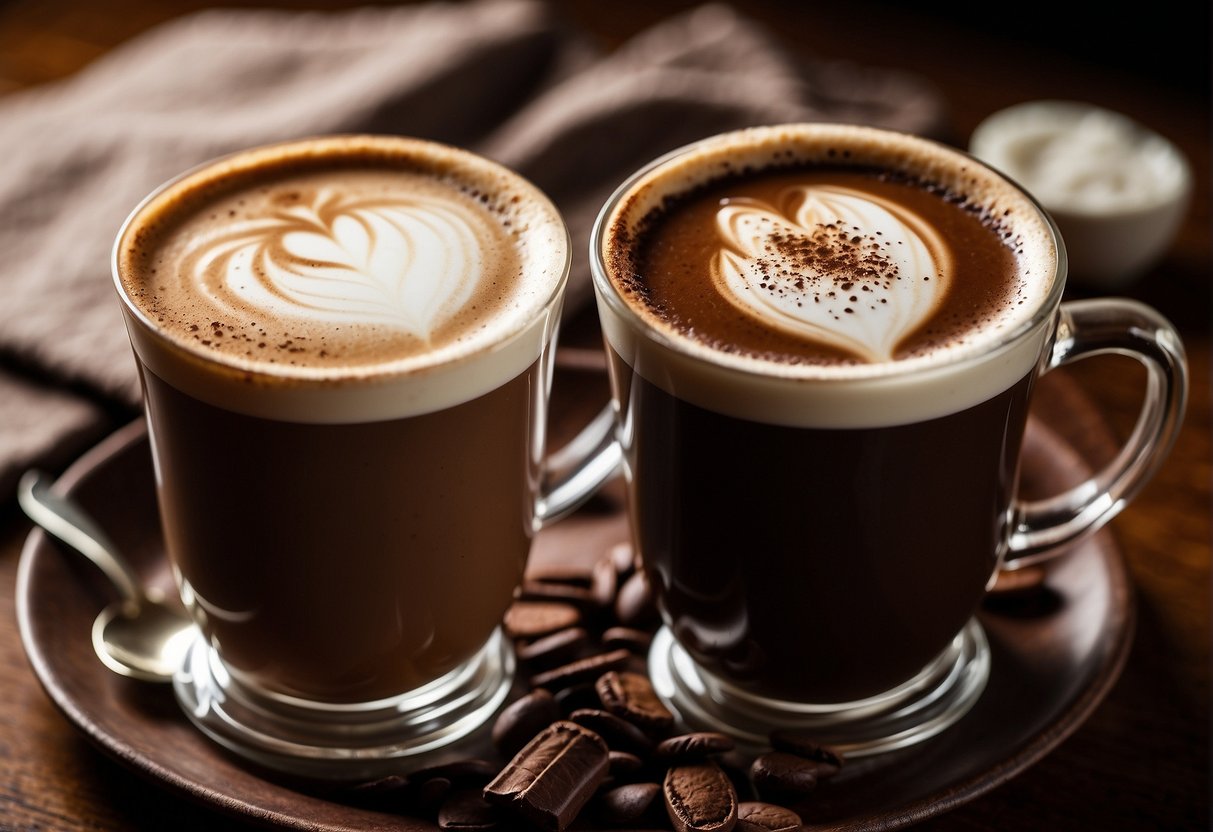 A steaming cup of Irish coffee and mocha sit side by side. The Irish coffee exudes a rich, dark aroma while the mocha boasts a creamy, chocolatey scent. Both drinks appear strong and enticing