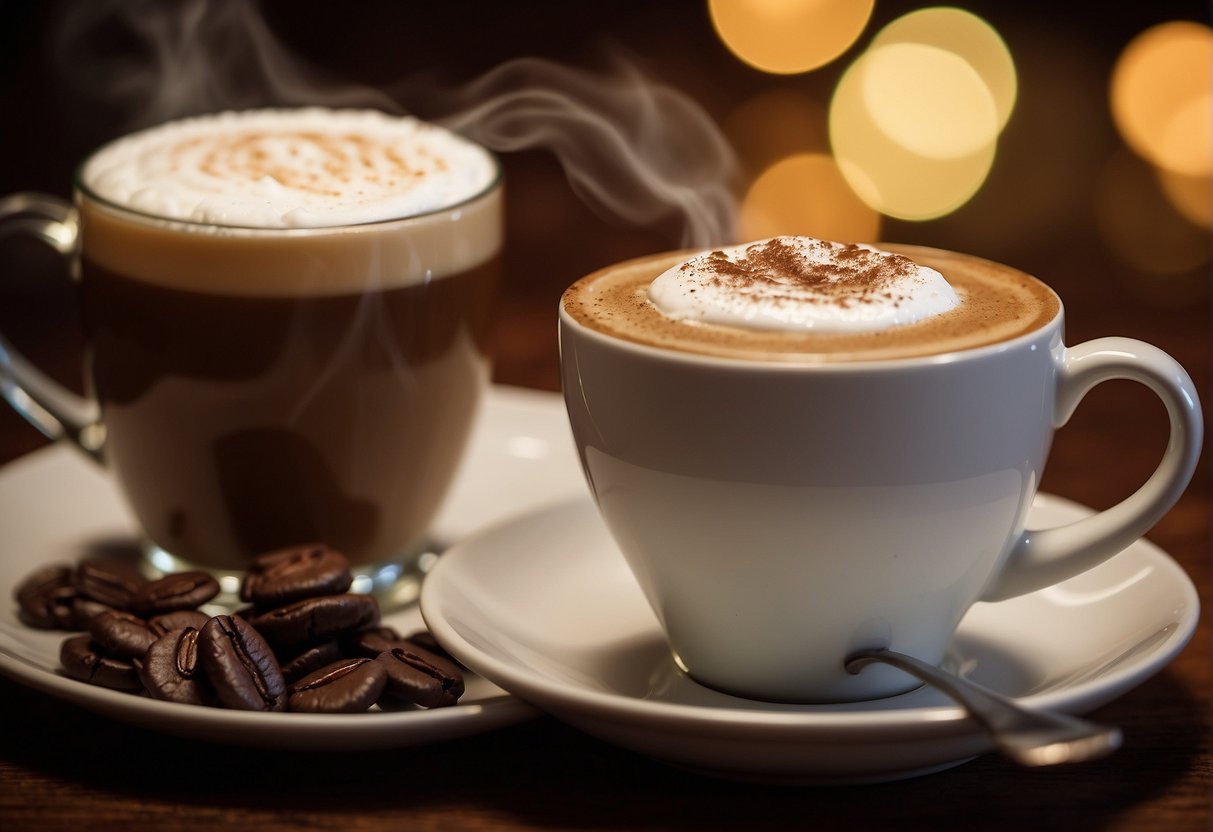 A steaming cup of Irish coffee and a rich mocha sit side by side on a table, surrounded by cozy decor and warm lighting