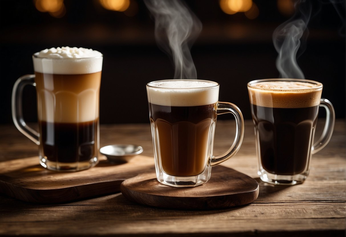 A steaming Irish coffee and a frothy nitro cold brew sit side by side on a rustic wooden table, emanating rich aromas and contrasting textures