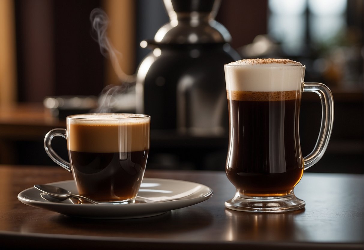 A steaming cup of Irish coffee sits next to a tall glass of nitro cold brew. The rich aroma of coffee fills the air, inviting the viewer to ponder which is stronger