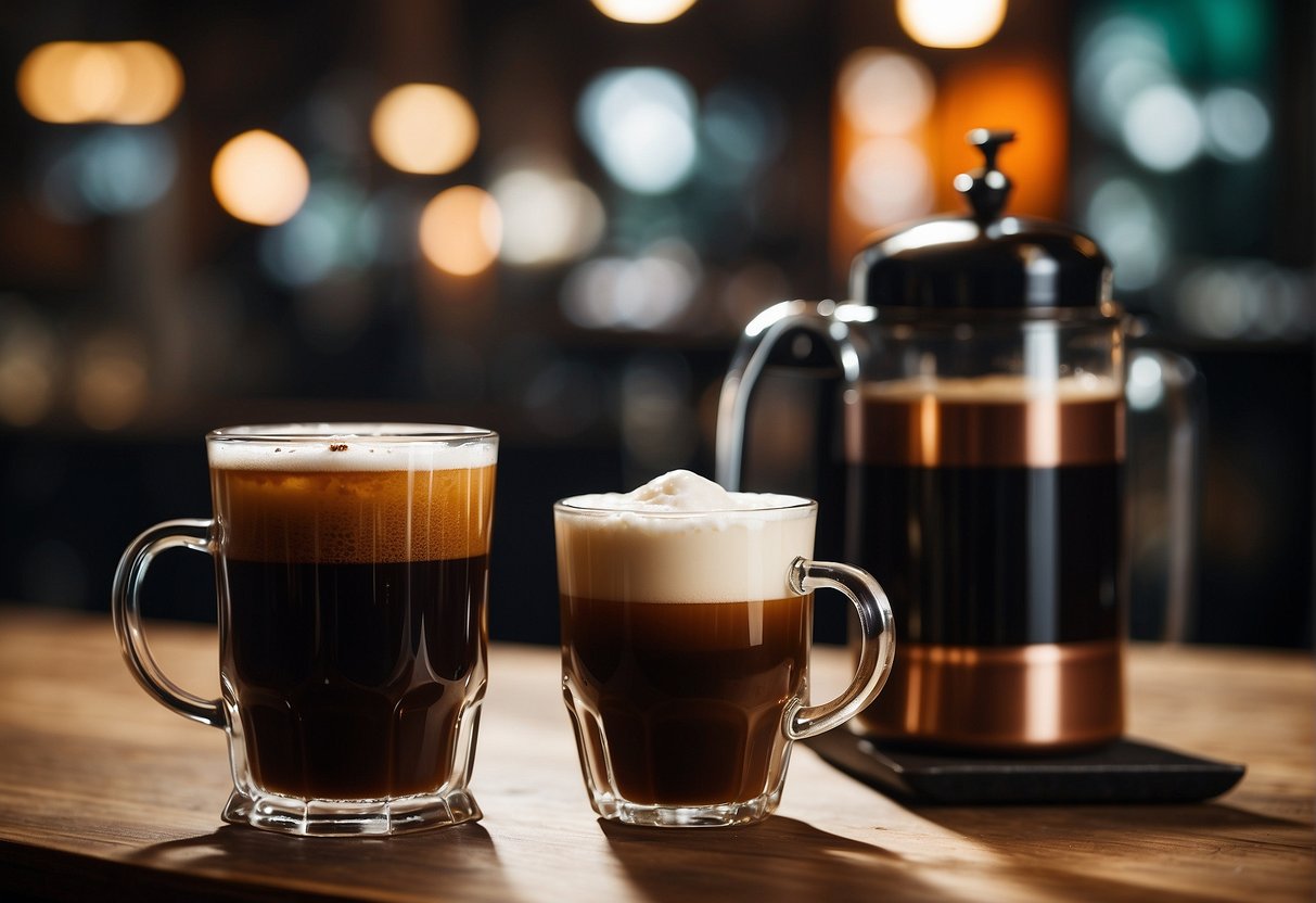 A steaming Irish coffee sits next to a frothy nitro cold brew, highlighting the contrast between the strong, rich flavors of the two drinks