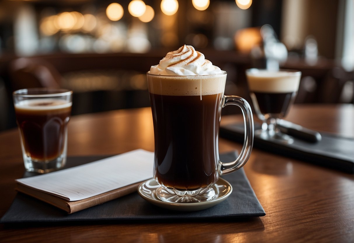 A glass of nitro cold brew sits next to an Irish coffee. Both are on a wooden table with a notepad and pen for analysis