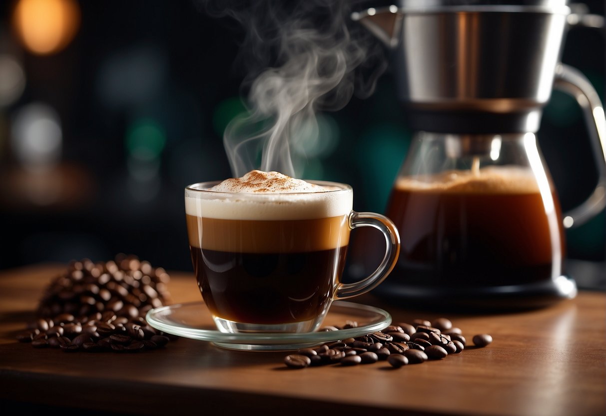 A steaming cup of Irish coffee stands next to a tall glass of nitro cold brew. Both are surrounded by swirling steam and a sense of anticipation