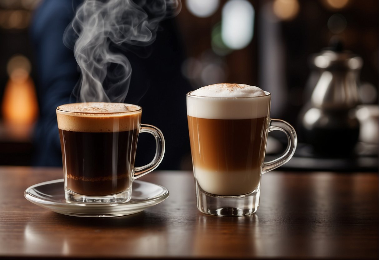 A steaming cup of Irish coffee and a shot of ristretto sit side by side on a wooden table, emanating rich aromas and contrasting colors