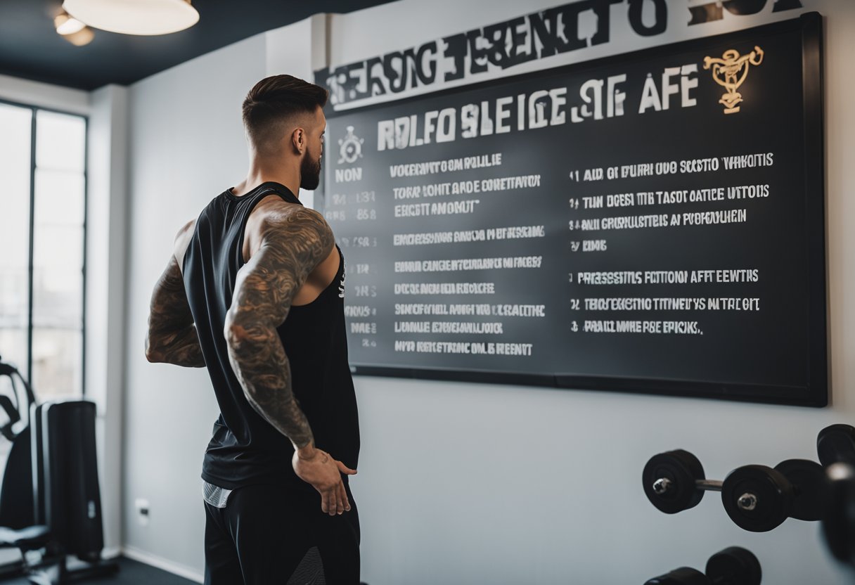 A gym with various exercise equipment, a person with a fresh tattoo contemplating whether to workout or not. A sign on the wall listing the benefits and risks of exercising after getting a tattoo