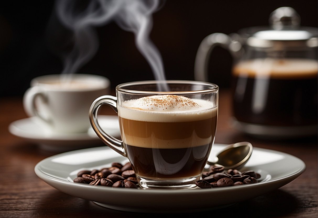 A steaming cup of Irish coffee sits next to a small, intense shot of ristretto. Steam rises from both, showcasing the brewing techniques and equipment used to create the strong, aromatic beverages
