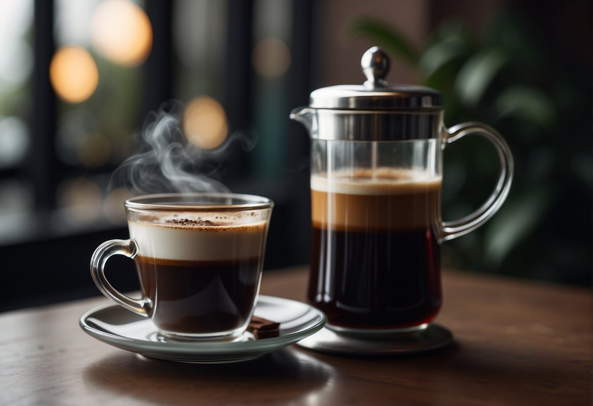 A steaming cup of Turkish coffee sits next to a glass of Irish coffee. The rich aroma of both beverages fills the air, inviting a comparison of their strength and flavor