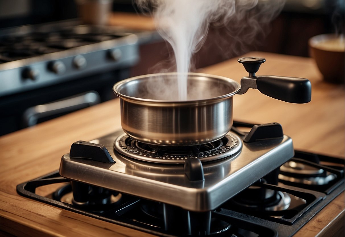 A small cezve sits on a gas stove, filled with finely ground coffee and water. Steam rises as the coffee begins to boil, filling the air with its rich aroma