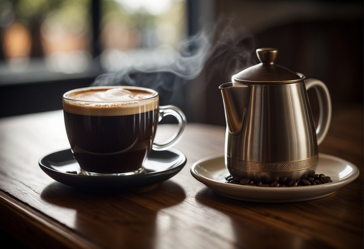 A steaming cup of Irish coffee sits next to a traditional Turkish coffee pot. The rich aroma of both brews fills the air, inviting the viewer to compare their strength