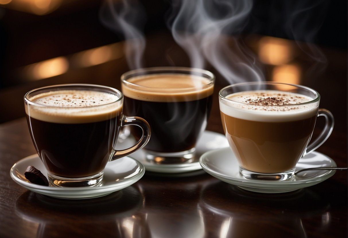 A steaming cup of Irish coffee and Turkish coffee sit side by side, emitting rich aromas