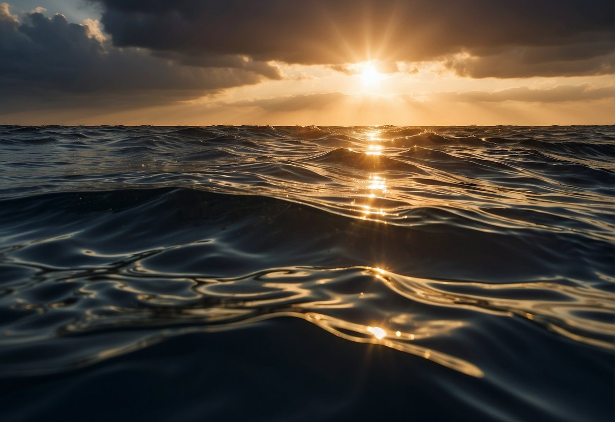 The sun shines brightly as gentle winds create small ripples on the water. Dark clouds loom in the distance, hinting at a potential storm. Waves are calm, perfect for kayaking