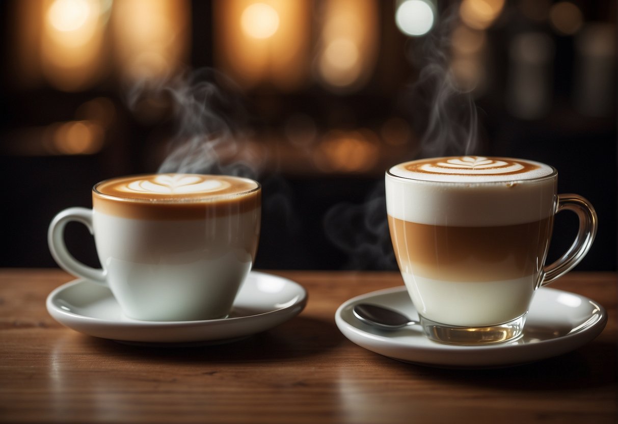 A steaming cup of latte and macchiato side by side, with rich foam and contrasting layers of espresso and milk