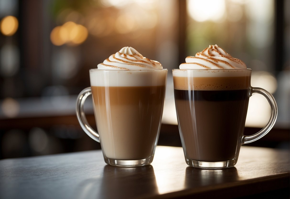 A steaming latte and macchiato sit side by side, with bold "Caffeine" and "Nutritional Information" labels