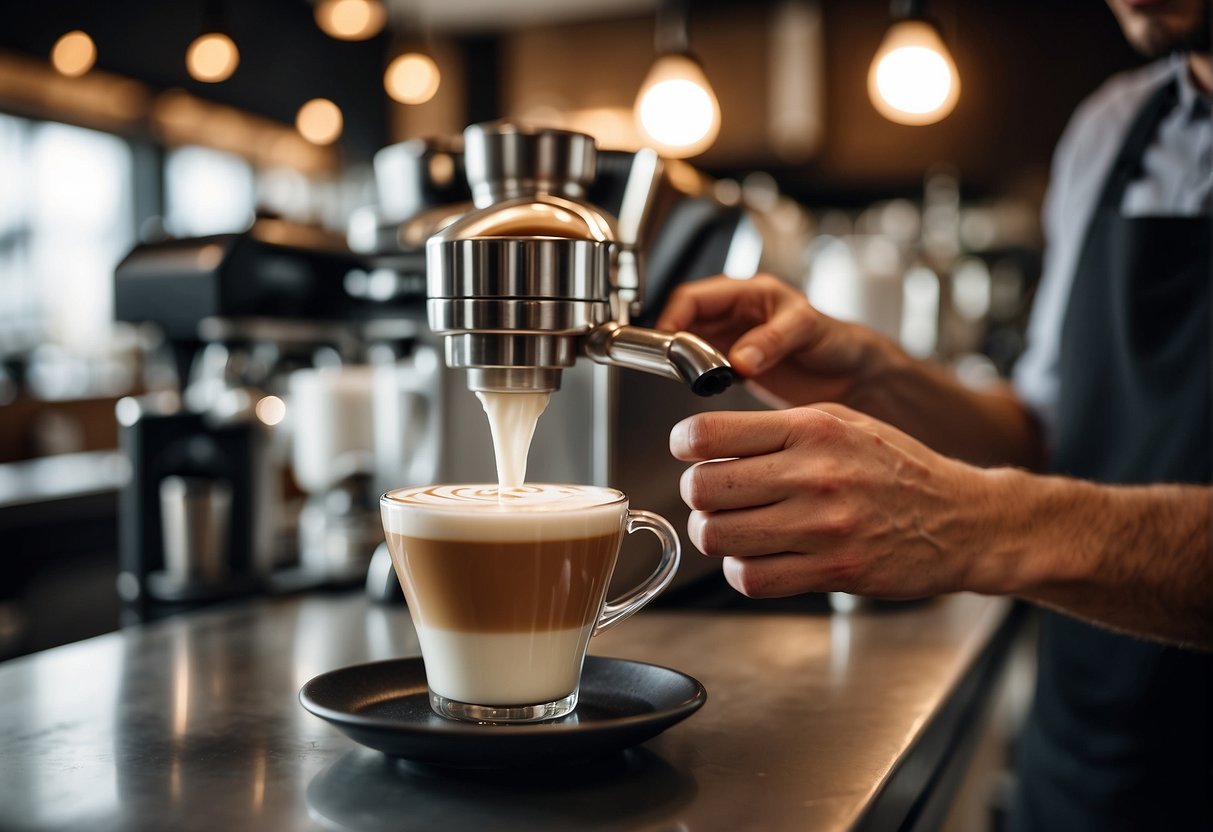 A barista pours steamed milk into espresso, creating a latte and macchiato. The contrasting layers of coffee and milk showcase the difference in strength and presentation